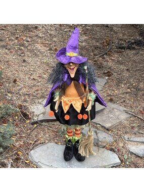 Whimsical Halloween Witch Orange Black Satin Velvet Resin Broomstick Spider 28”